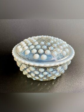 Anchor Hocking Moonstone Hobnail Powder Jar Trinket Dish Depression Glass 1940’s